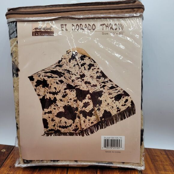 Western Cow Print blanket with cowhide fringe Beige Brown Throw 50x 60